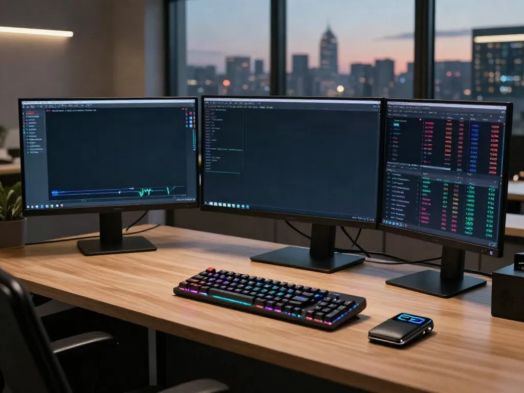 股票API displayed in a professional trading workspace with cryptocurrency charts and digital wallets.