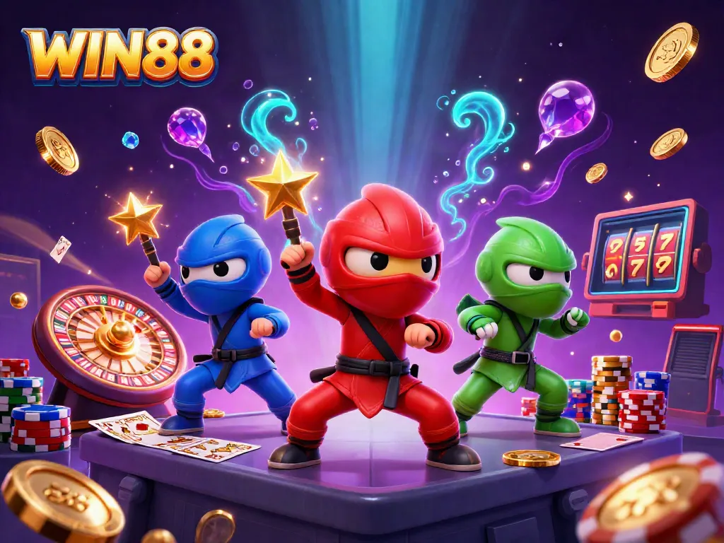 Experience the excitement of WIN88 with a vibrant casino scene featuring ninja chameleons and dynamic gaming elements.