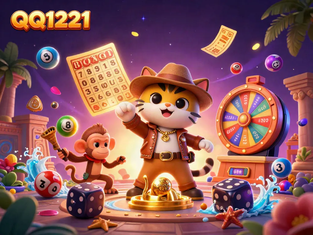 Engage with QQ1221 while enjoying dynamic lottery balls and vibrant casino elements.