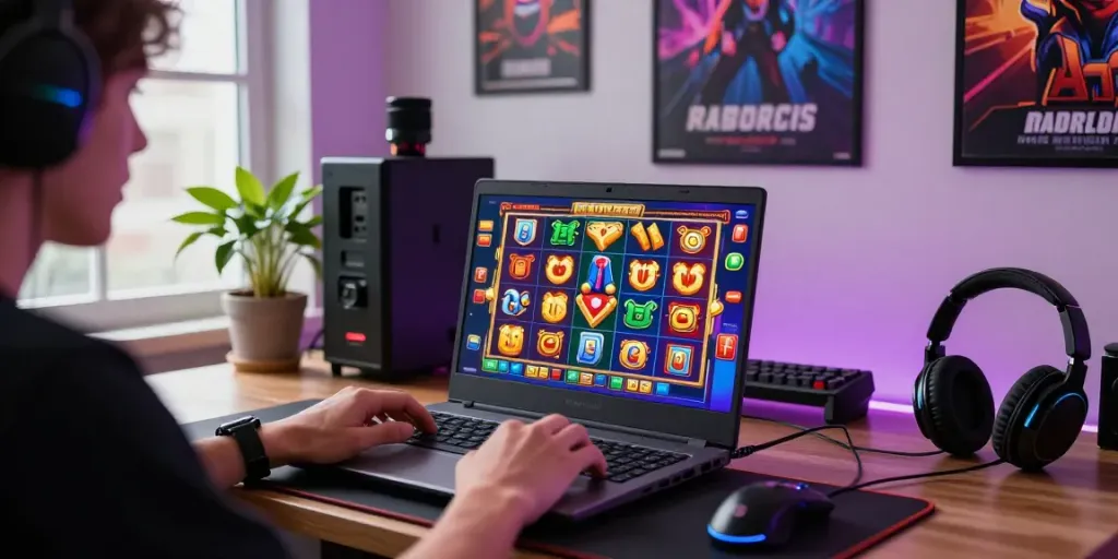 Engaging player enjoying slot resmi game on a laptop with colorful visuals and gaming accessories.