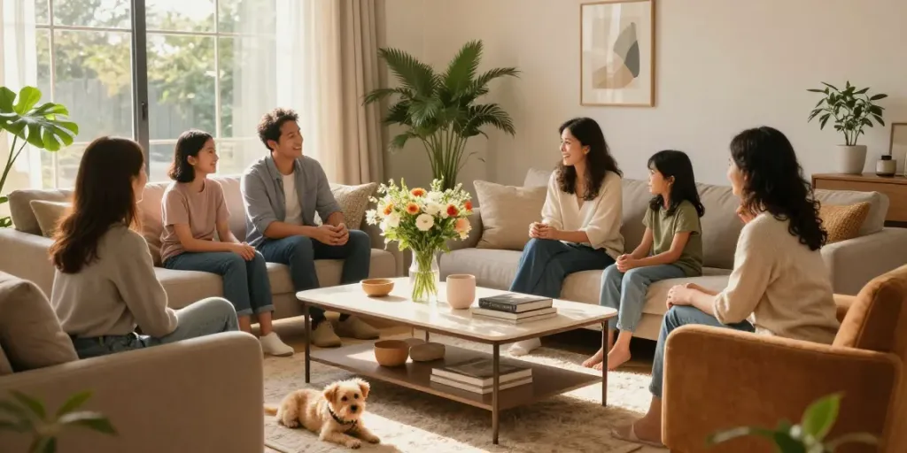 Home The Spruce living room with family around a stylish sofa table and decorative flowers.