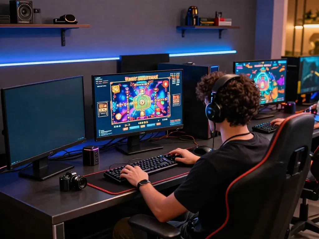 Engaging luxury12 gaming scene with immersive slot game displays and modern technology setup.