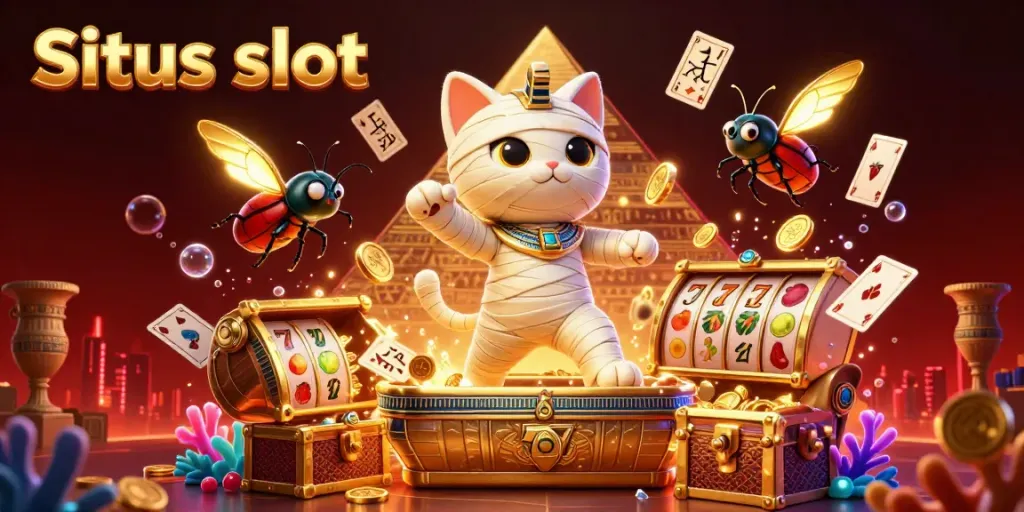 Situs slot illustration of a cartoon mummy cat and scarab in a vibrant casino setting.