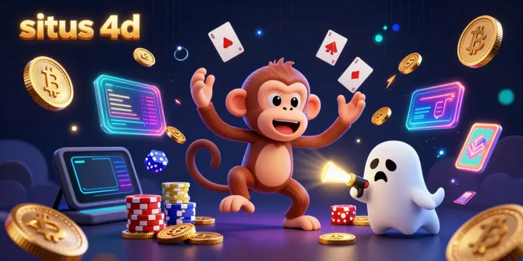 Experience the thrill of situs 4d with a ghostly monkey juggling gold in a haunted casino setting.