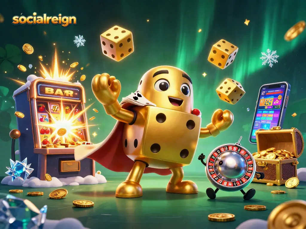 Socialreign showcases a dynamic casino scene with golden dice characters, slot machines, and vibrant game elements.