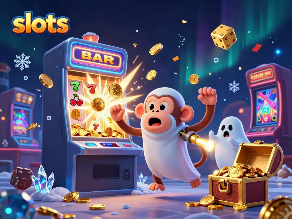 Immerse in slots excitement with a playful ghost monkey and ghost-hunter puppy in a vibrant casino scene.