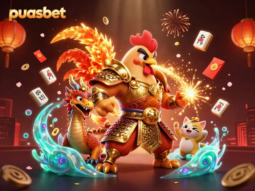 Rasakan sensasi bermain di puasbet dengan ilustrasi 3D karakter ayam petarung dan naga yang memukau.