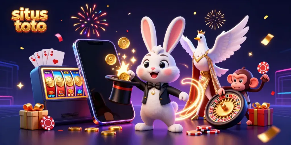 Exciting situs toto scene featuring a magician rabbit, dove, and monkey amid casino elements.