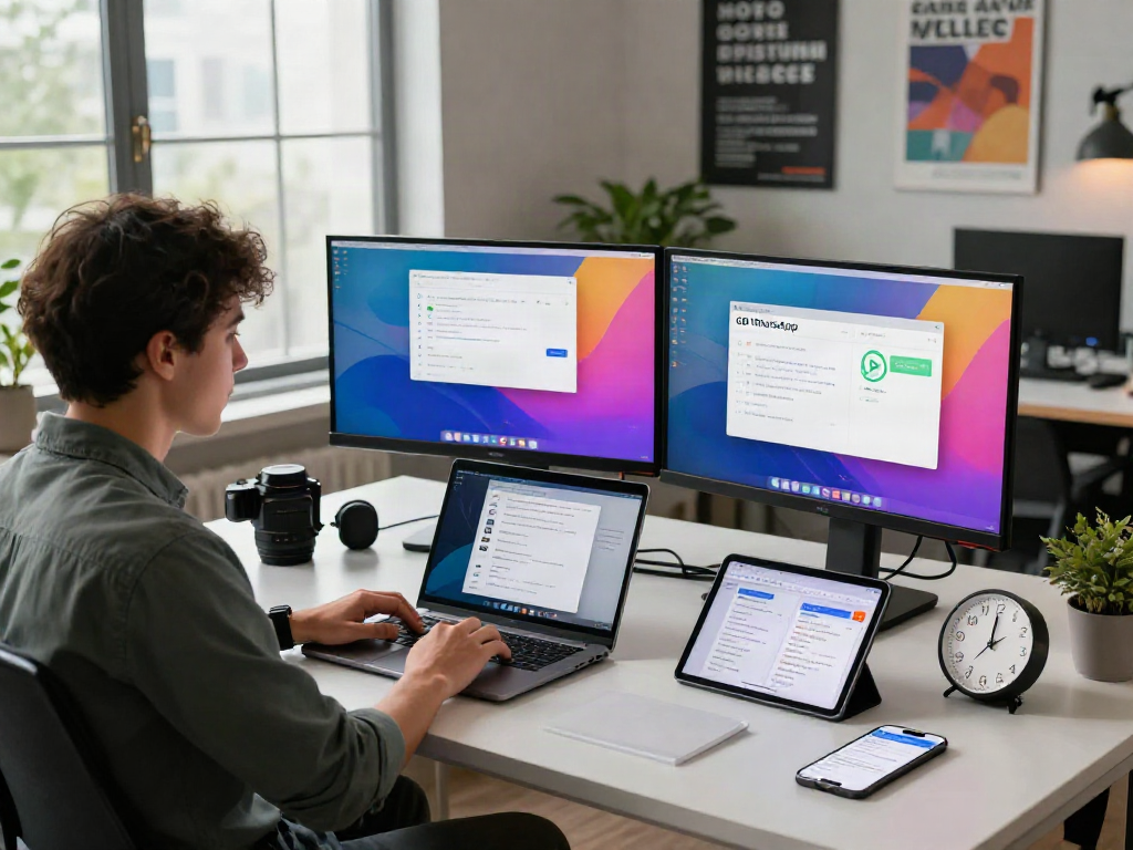 GB WhatsApp customization in a modern tech workspace, showcasing productivity and innovation.