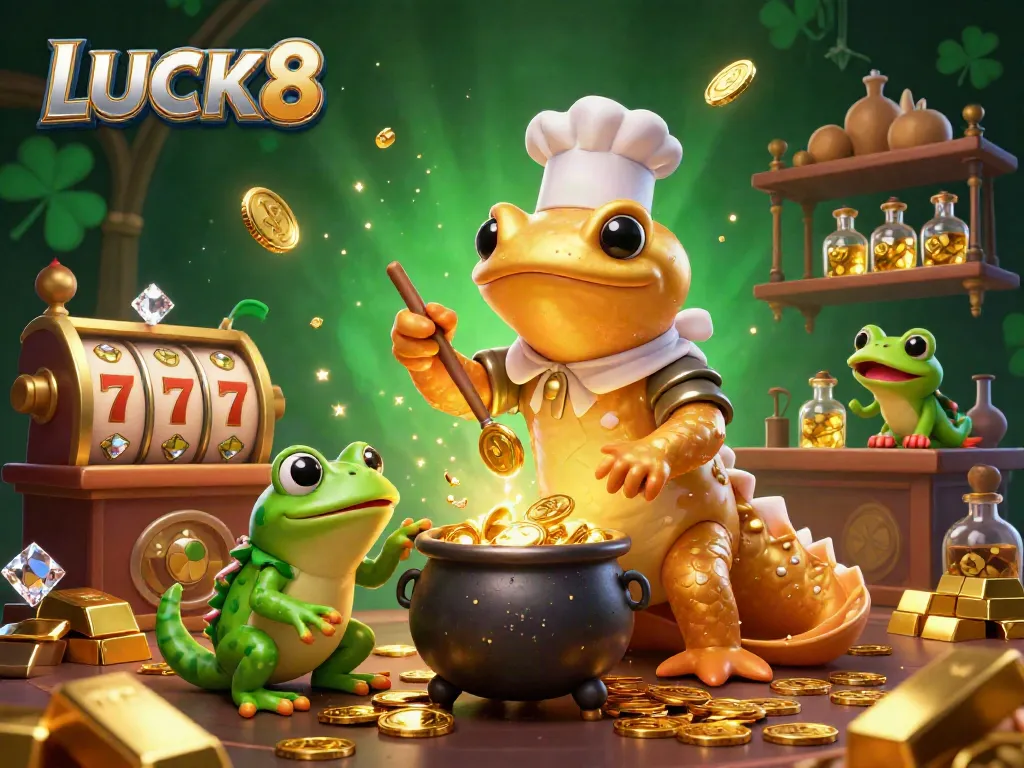 LUCK8 game scene depicting a magical transformation of metals into gold coins amid vibrant gambling elements.