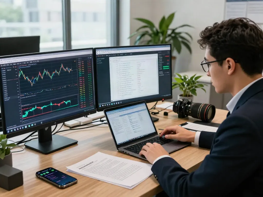 Crypto fraud investigation in a modern office with financial analysis on screens and legal documents.