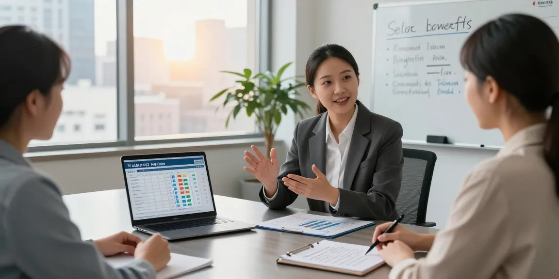 Financial advisor using a seller financing calculator with clients in a modern office