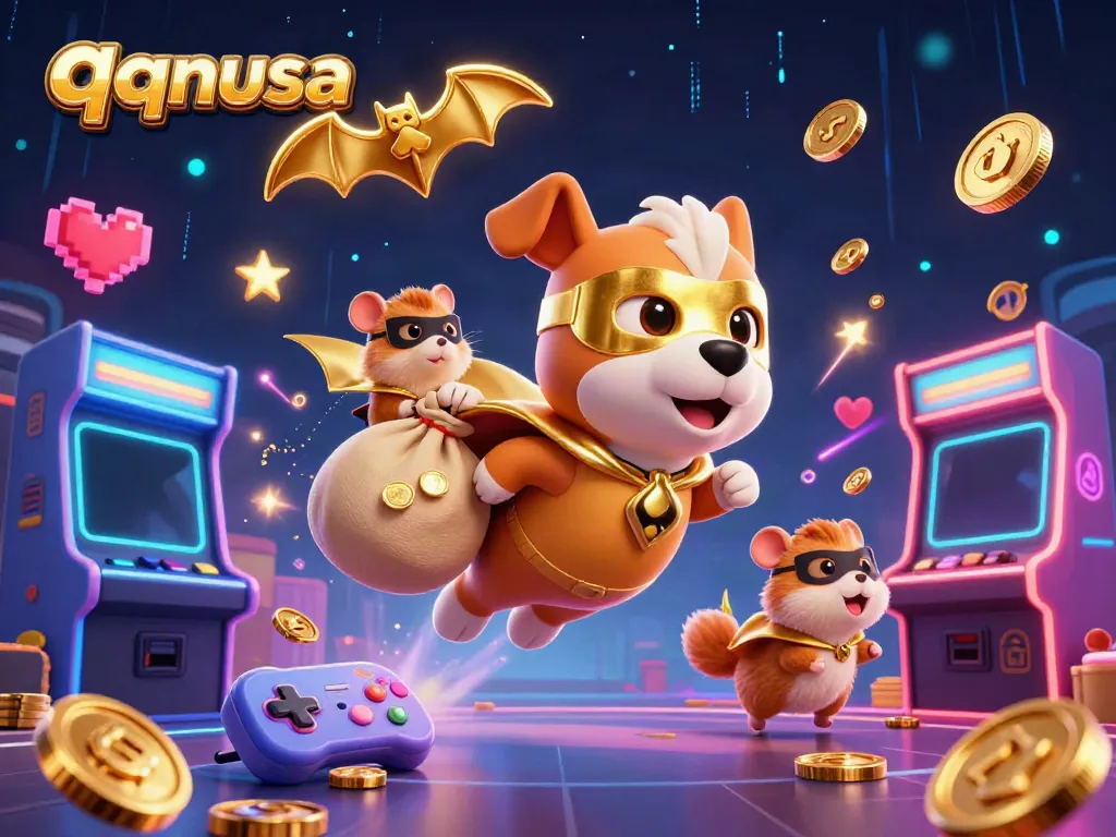 Gamblers embrace qqnusa excitement while the superhero dog and hamster explore rich casino treasures.