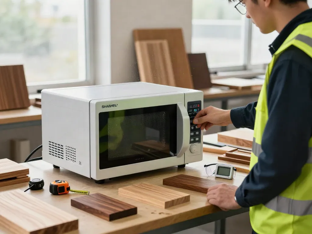 SHASHEL® technician using microwave equipment to eliminate woodworms in a professional workshop.