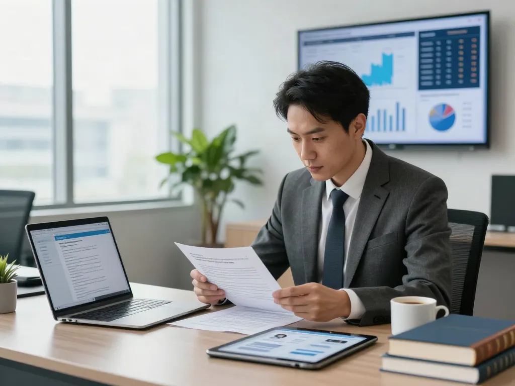 Lead Roedl legal consultancy professional in modern office reviewing contracts and legal documents.