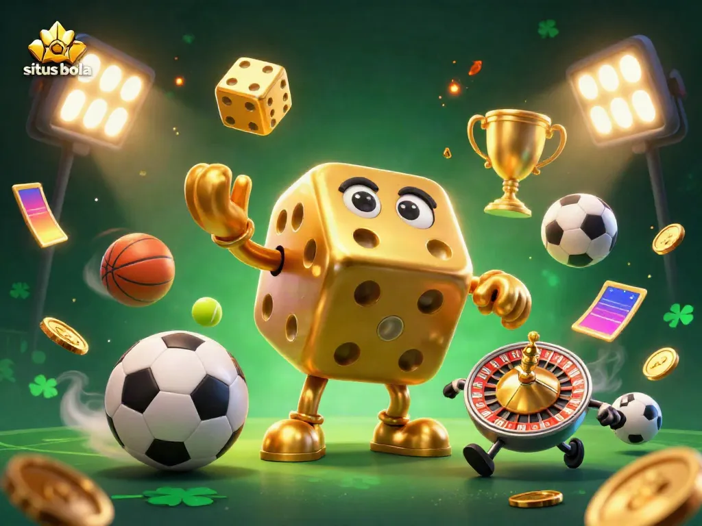Engaging representation of situs bola showcasing a golden dice golem and dynamic sports elements for exciting betting.