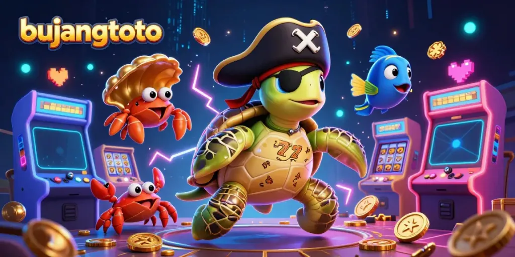 Engage with bujangtoto's vibrant casino atmosphere featuring a cartoon pirate turtle, lucky symbols, and arcade elements.