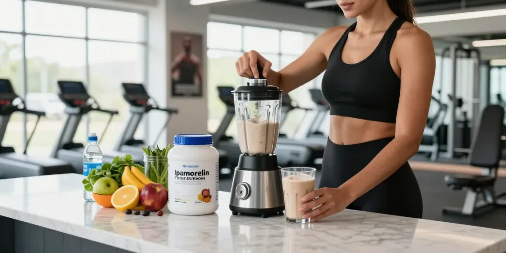 Ipamorelin peptide supplement preparation in a modern fitness environment