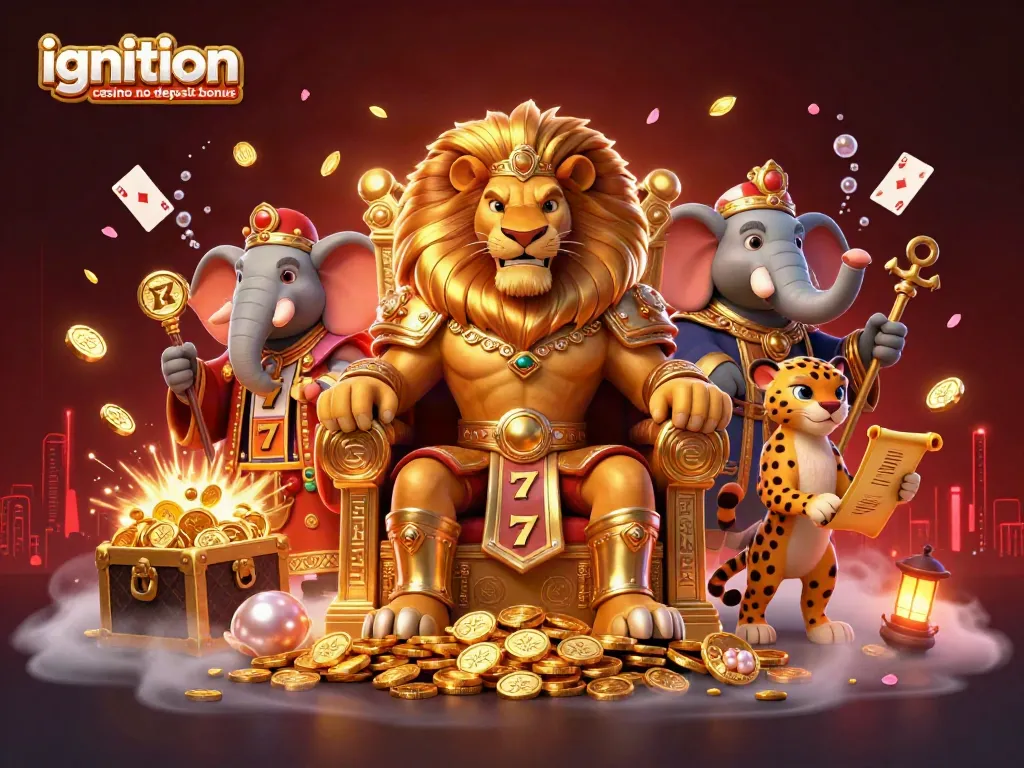 Ignition casino no deposit bonus features a lion king on a gold throne amid dynamic casino elements.