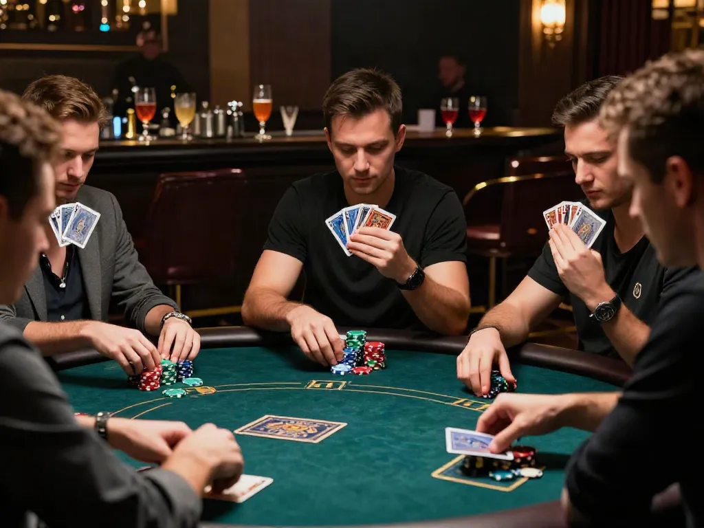 Trò chơi poker n188 tại sòng bạc sang trọng, người chơi tập trung vào bài và cược.