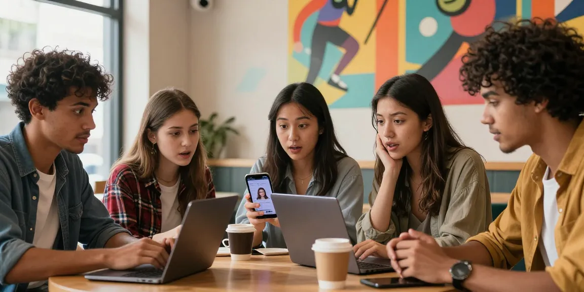 Group of friends taking a test of attractiveness in a café, exploring social app features.