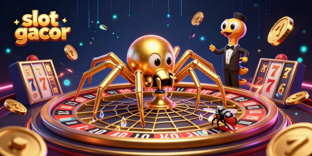Menggairahkan slot gacor dengan karakter kartun dan elemen kasino di latar belakang yang dinamis.