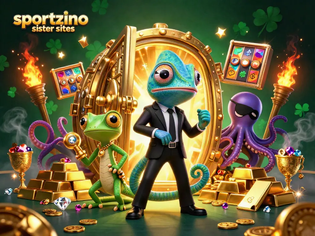 Experience excitement at sportzino sister sites with a vibrant 3D casino scene full of treasures and adventure.