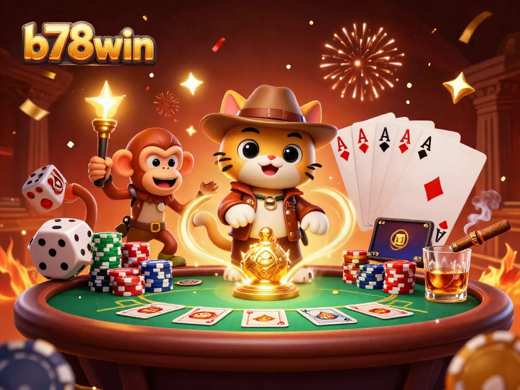 Engage in thrilling gameplay as b78win showcases a vibrant casino scene with golden artifacts.