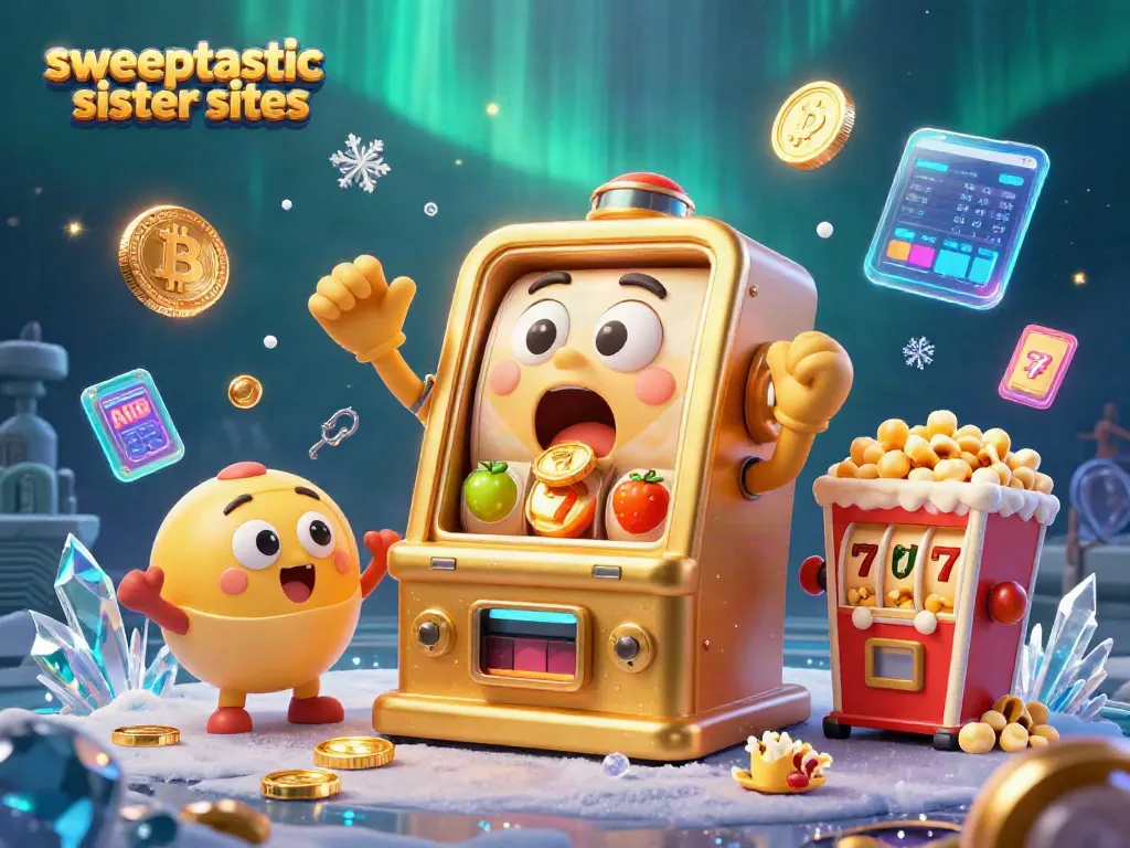 Sweeptastic sister sites showcased with a cartoon golden slot machine winning, surrounded by cheerful smaller slot machines and crypto elements.