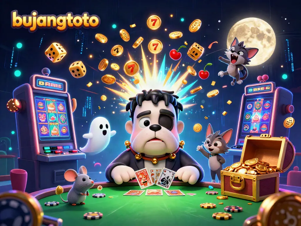 Experience the excitement of bujangtoto with a fun 3D illustration of characters playing casino games and enjoying vibrant jackpots.