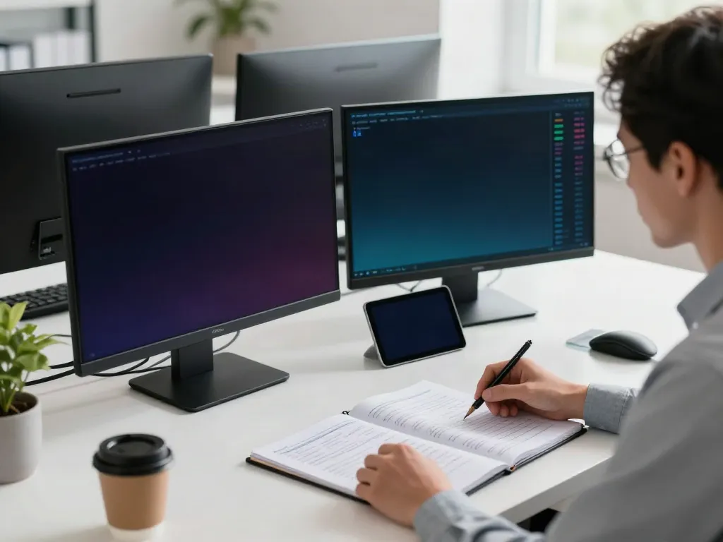 Trader using TradingView to analyze market data in a modern office setting.