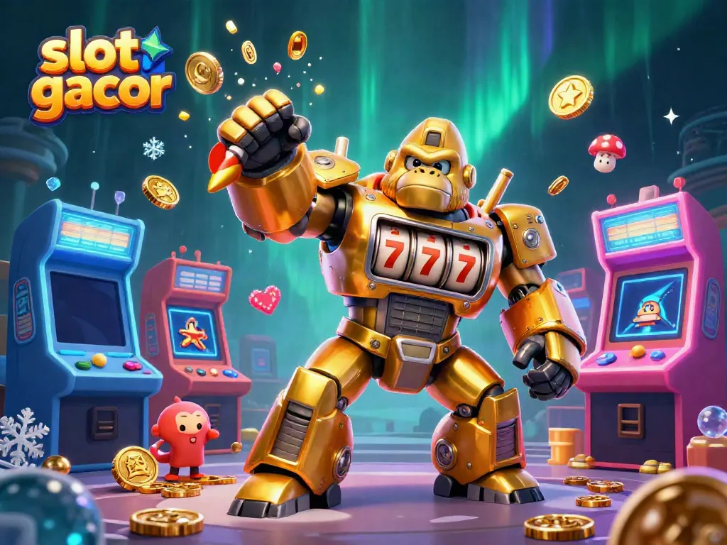 Engage in thrilling slot gacor action with a vibrant 3D illustration of a golden gorilla mech amidst a colorful gaming scene.