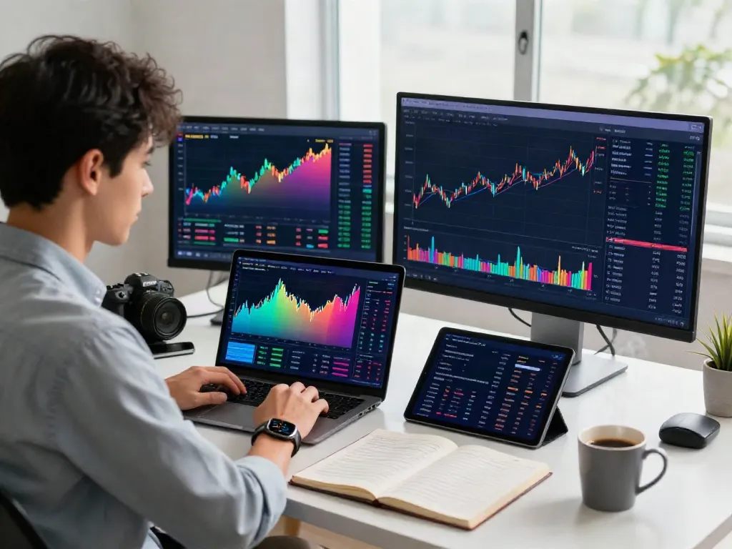 Engaged trader analyzing TradingView charts in a modern workspace, showcasing productivity.