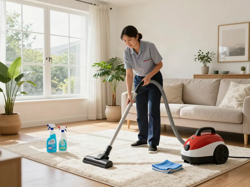Professional cleaner performing bond back cleaning Melbourne in a bright living room.