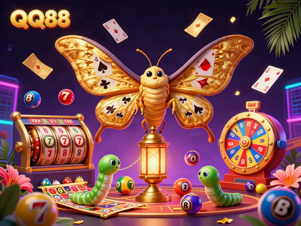 Engage with QQ88's vibrant 3D casino illustration showcasing colorful games and entertainment.