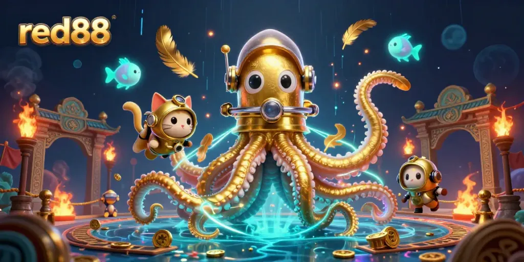 Engage in exhilarating gameplay with red88's dynamic online casino experience featuring a mythical kraken and vibrant characters.