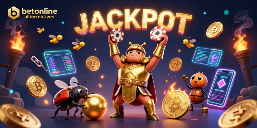 Engage with betonline alternatives in this vibrant scene featuring a heroic beetle lifting a poker chip.