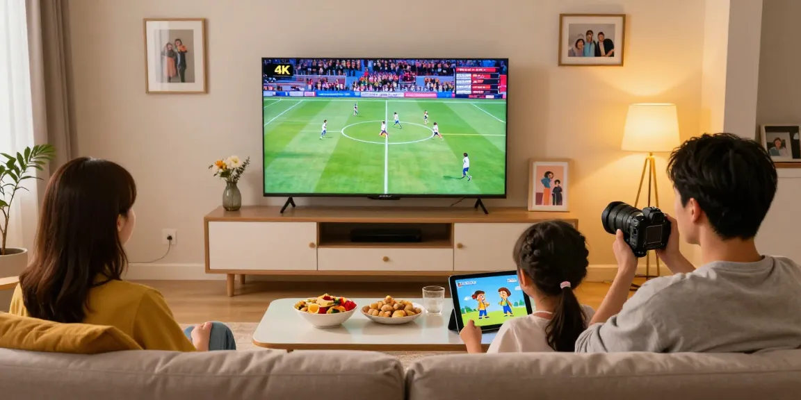 Gezellige woonkamer met gezin dat kijkt naar IPTV aanbieder in 4K kwaliteit.