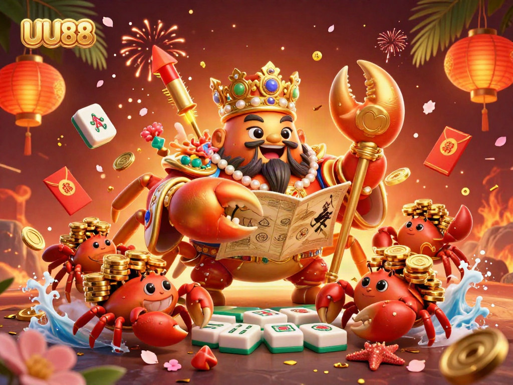 Experience the excitement of UU88 with a golden crab emperor and vibrant casino elements.
