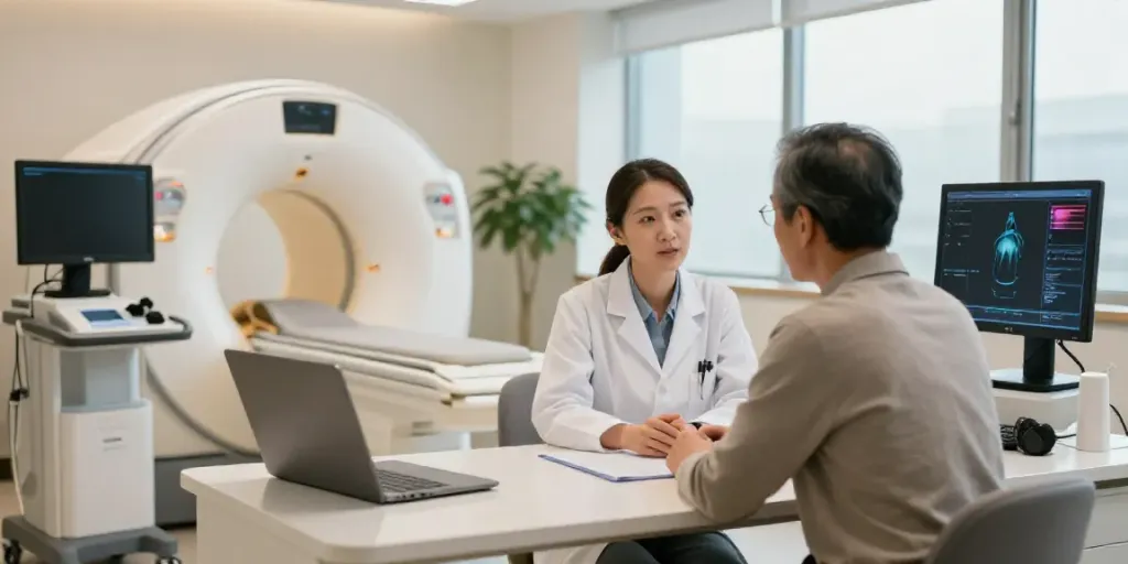 Der Radiologe erklärt dem Patienten die röntgenreizbestrahlung in der Nähe, modern und einladend.