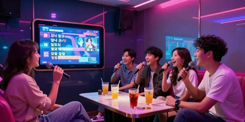 강남 달토에서 즐거운 시간을 보내는 친구들, 색색의 조명과 함께하는 가라오케 풍경