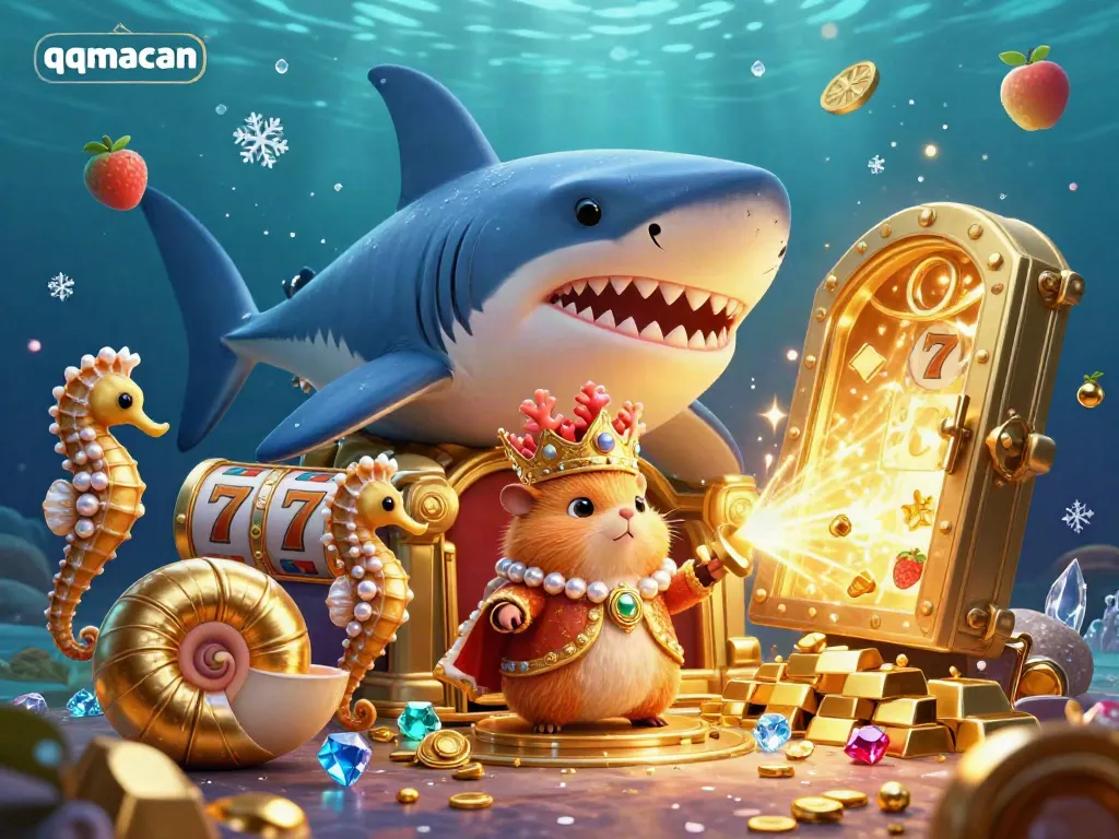 Engage with qqmacan by joining the golden hamster king and his regal seahorse guards in a vibrant underwater casino.