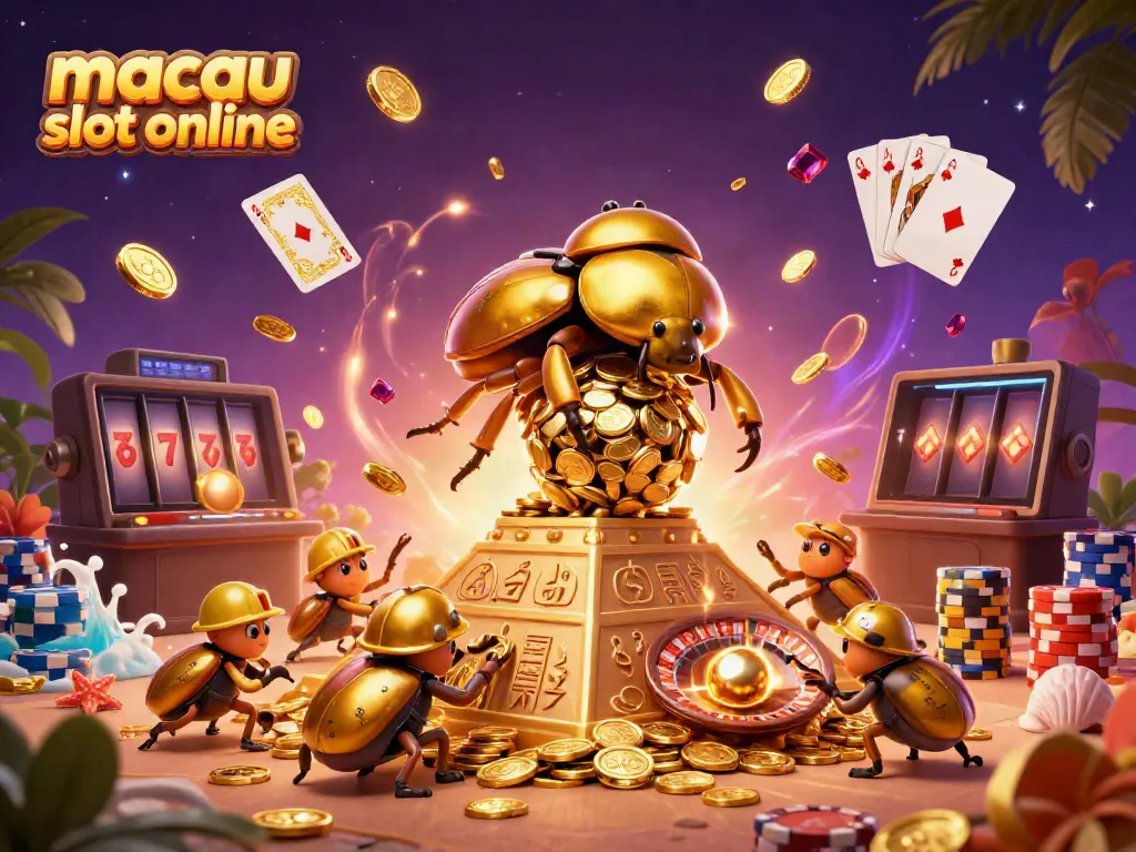 Menangkan jackpot di macau slot online dengan grafis menarik dan simbol kasino berkilauan.