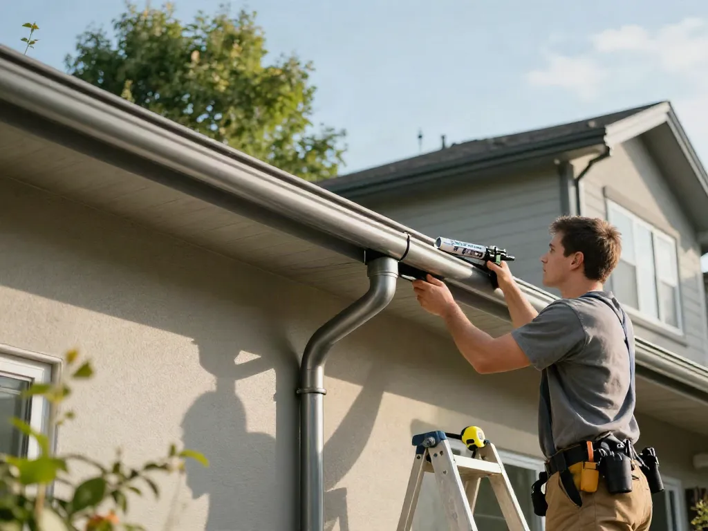 Spokane gutter installation by a professional technician showcasing seamless gutters in a suburban home.