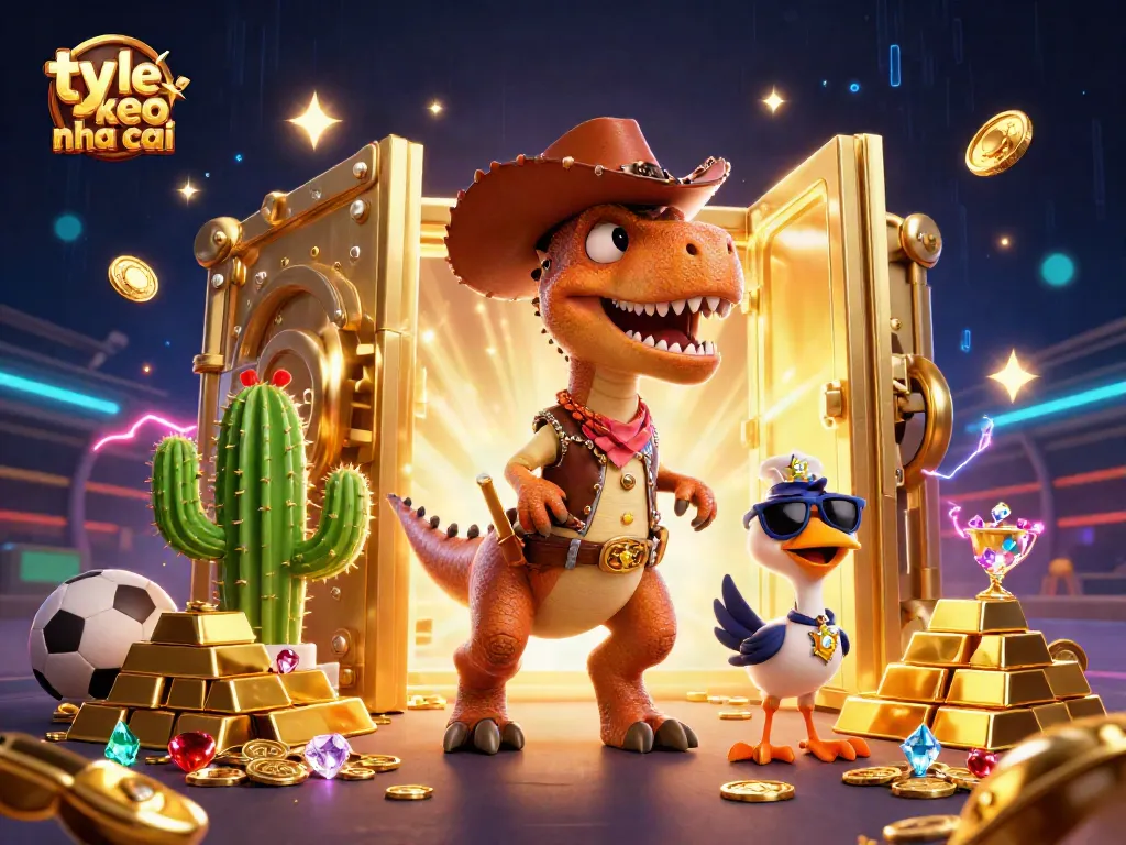 Bet on ty le keo nha cai with a vibrant scene featuring a cowboy dinosaur, cactus, and a roadrunner amidst gold and sports elements.