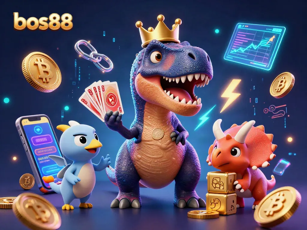 Gambarkan bos88 dengan T-Rex dan triceratops bermain slot di kasino virtual.