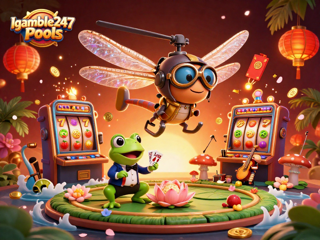 Experience Igamble247 Pools with dynamic slots and games in a vibrant 3D casino scene.