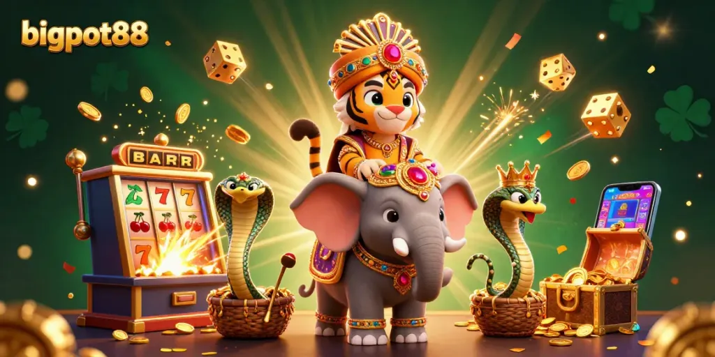 bigpot88 menampilkan simbol slot berkilauan dan jackpot saat para penjudi berkumpul.