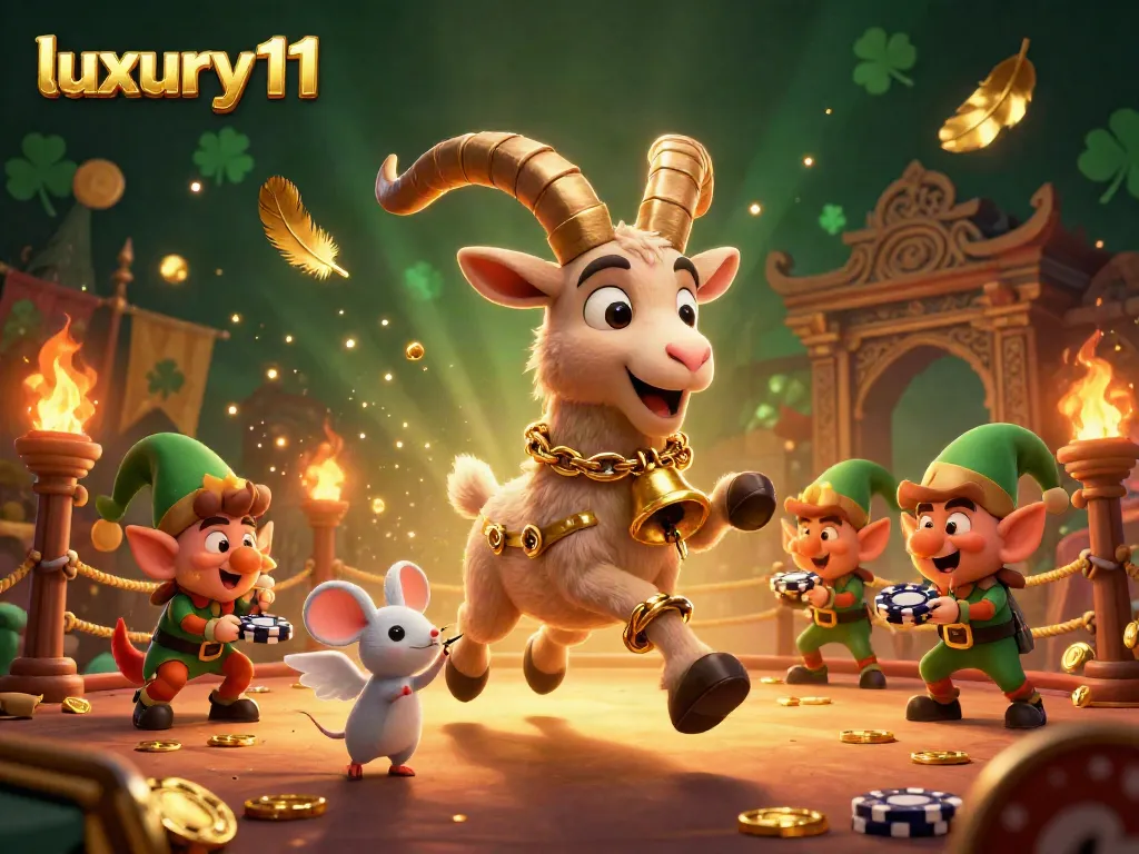 Experience the thrill of gaming with luxury111 in a whimsical casino scene filled with festive characters.