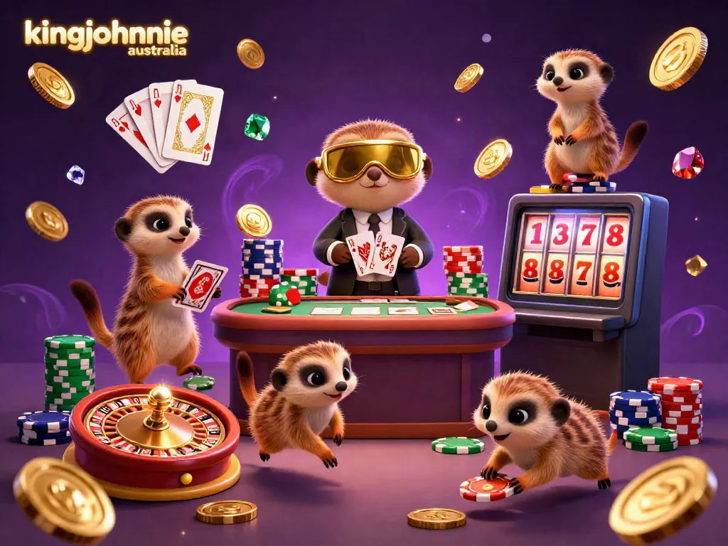 Engaging scene depicting meerkats managing activities at kingjohnnie australia casino, featuring chaos of colorful chips, coins, and light.